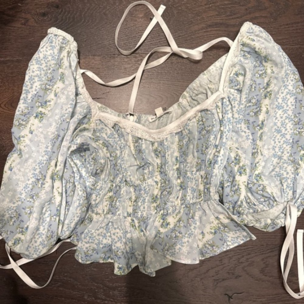 Blue Floral For Love and Lemons Puff Sleeve Top